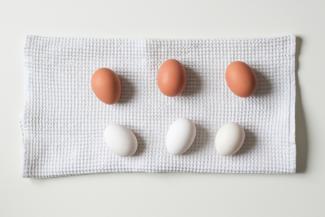 six white and brown eggs on white towel by NordWood Themes courtesy of Unsplash.