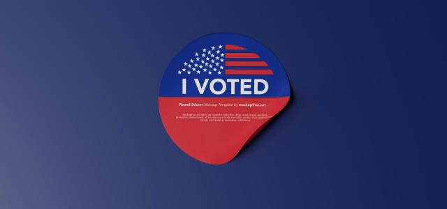 a red, white and blue sticker that says i vote by Mockup Free courtesy of Unsplash.